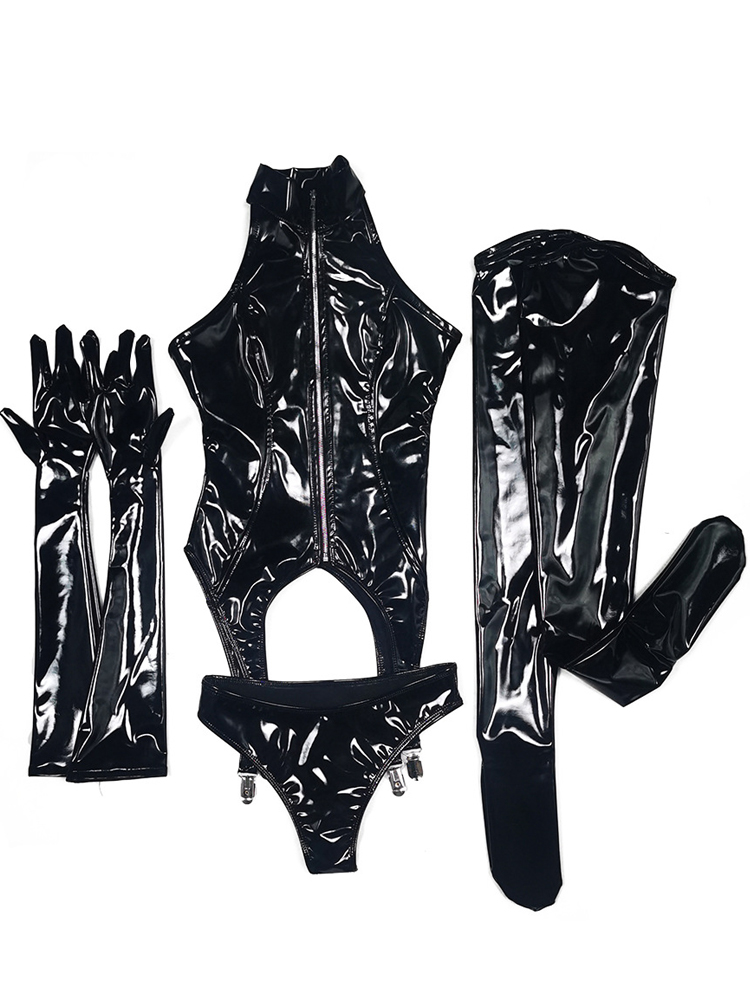 4PCS/SET Wet Look PVC Catsuit  - مراجعة Garter Belt Set وسعره