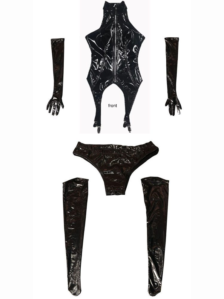 4PCS/SET Wet Look PVC Catsuit  - مراجعة Garter Belt Set وسعره