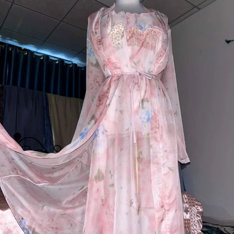 Pink Silk Printed See Through  - مراجعة Robe Silk Women وسعره