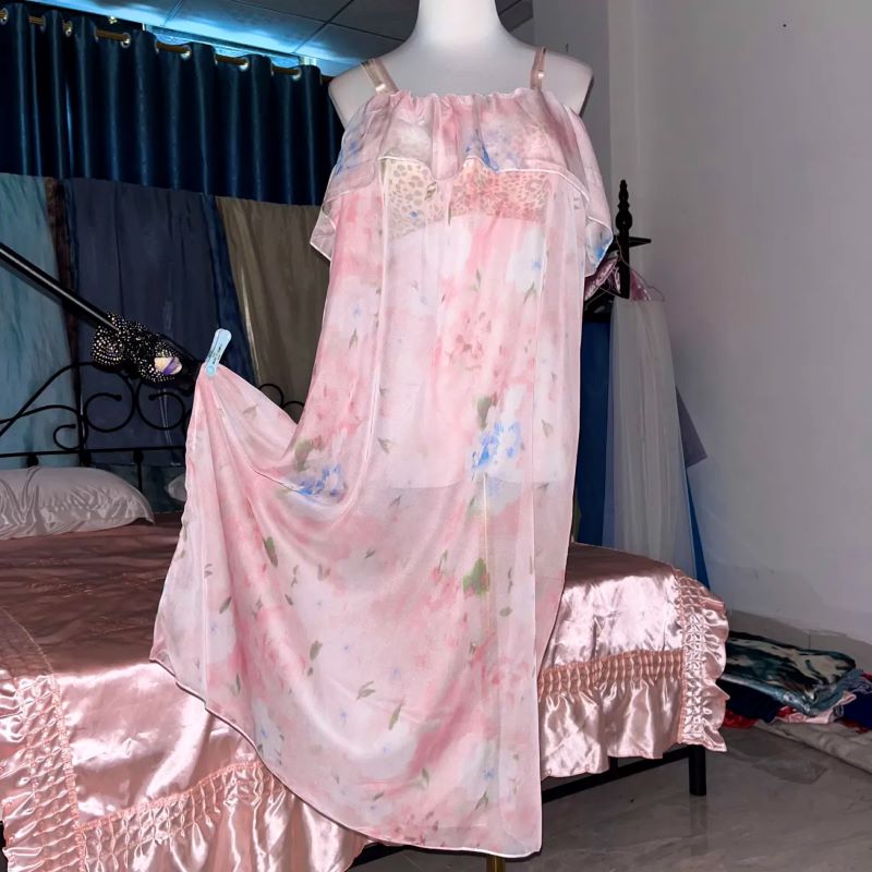 Pink Silk Printed See Through  - مراجعة Robe Silk Women وسعره